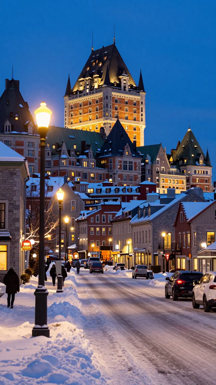 Quebec City Winter Evening Street Scene with Glowing Streetlights and Snow in in Quebec City, Quebec, Canada