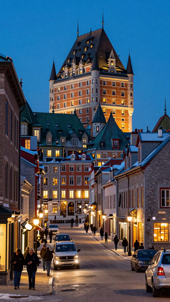 Quebec City Winter Evening Street Scene with Historic Architecture and City Lights Glow in in Quebec City, Quebec, Canada