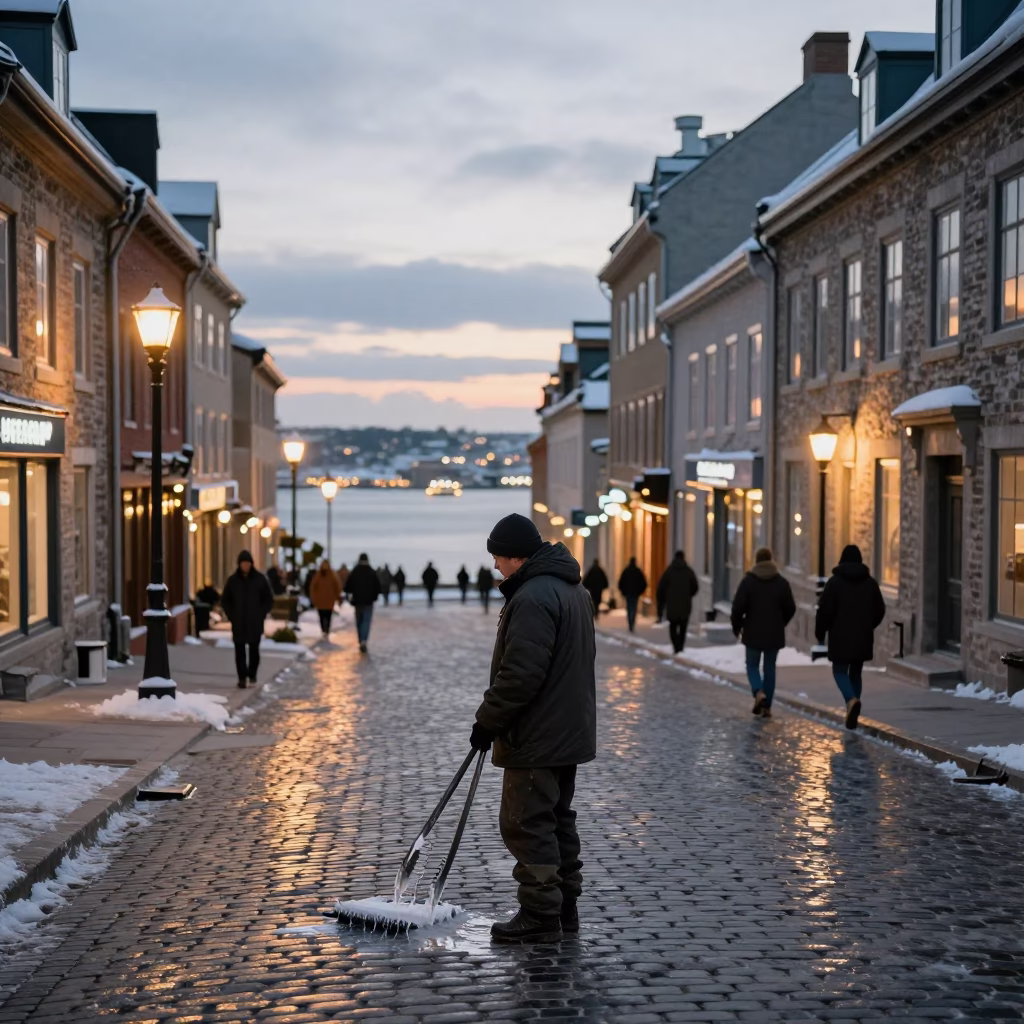 Quebec City Winter Evening Street Scene with Ice Tongs and Harbor Lights in in Quebec City, Quebec, Canada