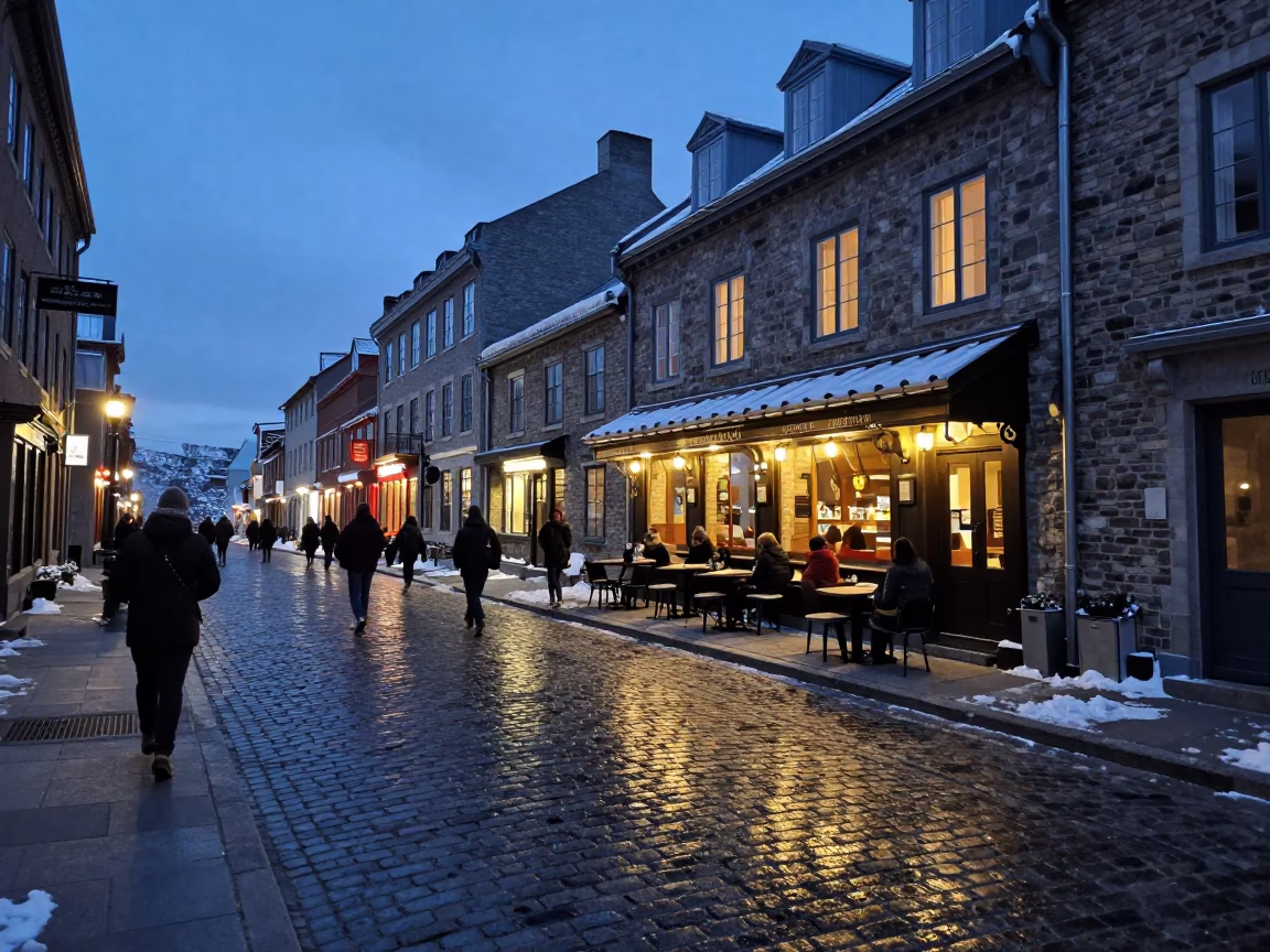 Quebec City Winter Evening Street Scene with Local Cafe Display and Snowy Cobblestones in in Quebec City, Quebec, Canada
