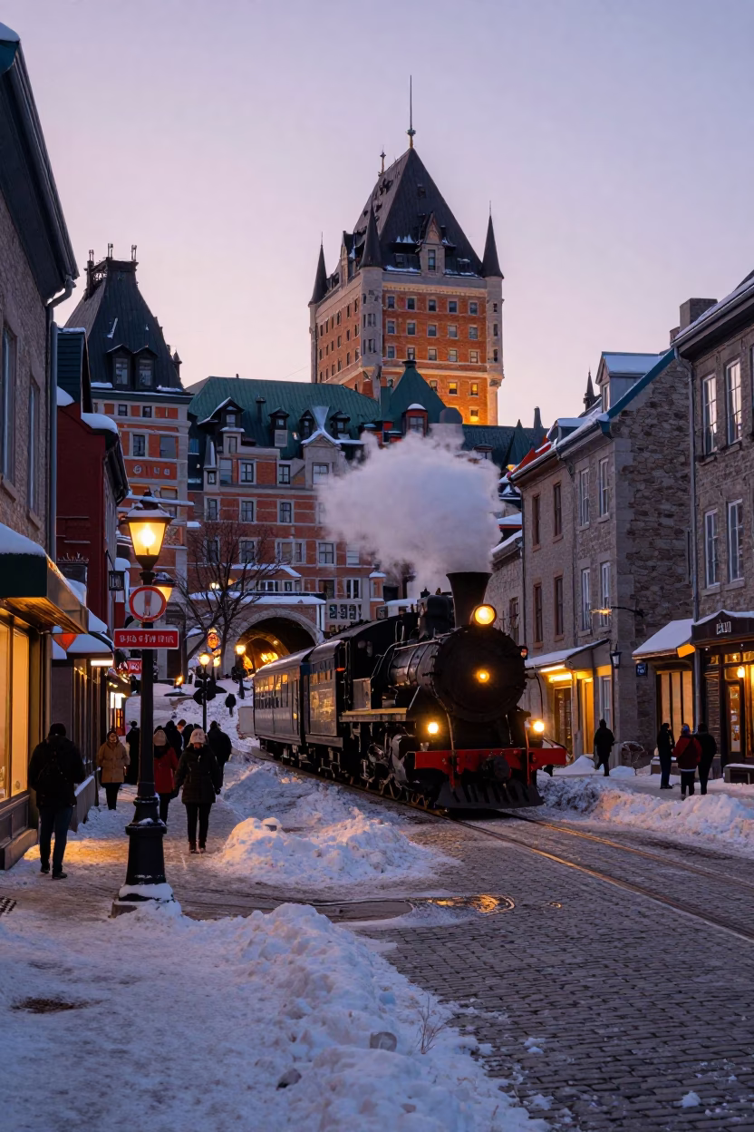 Quebec City Winter Evening Street Scene with Steam Train and Snowy Cobblestones in in Quebec City, Quebec, Canada