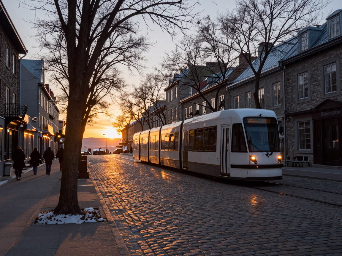 Quebec City Winter Evening Tramcar on Tree-Lined Boulevard at Sunset in in Quebec City, Quebec, Canada