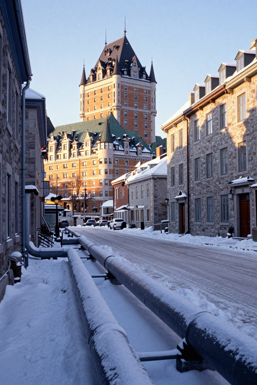 Quebec City Winter Morning District Heating Pipes and Snowy Street Scene in in Quebec City, Quebec, Canada