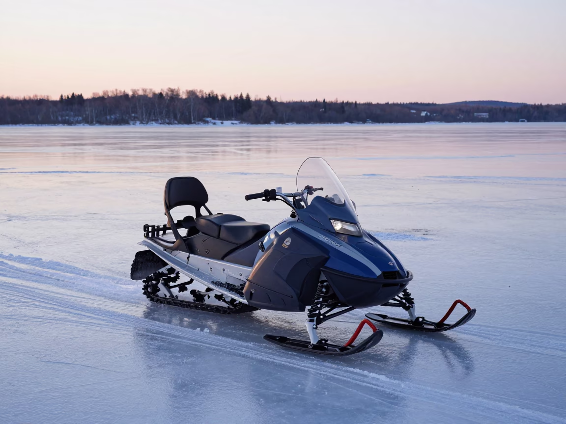 Quebec City Winter Morning Snowmobile at Frozen St Lawrence River Overlook in in Quebec City, Quebec, Canada