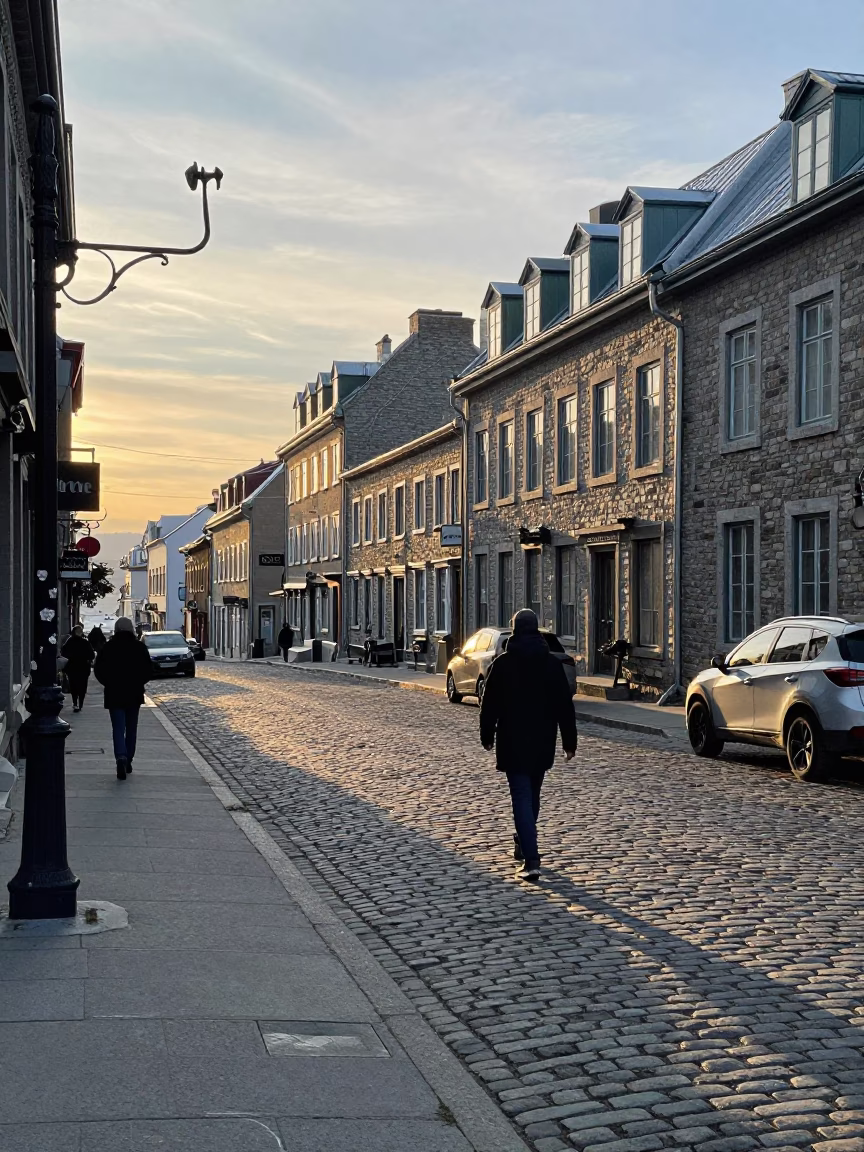 Quebec City Winter Morning Street Scene with Iron Hook and Snow in in Quebec City, Quebec, Canada