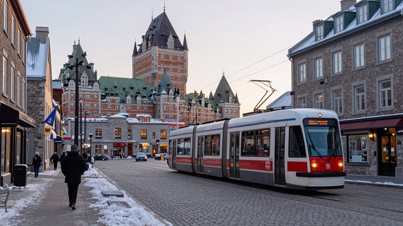 Quebec City Winter Morning Street Scene with Tram and Historic Stone Buildings in in Quebec City, Quebec, Canada