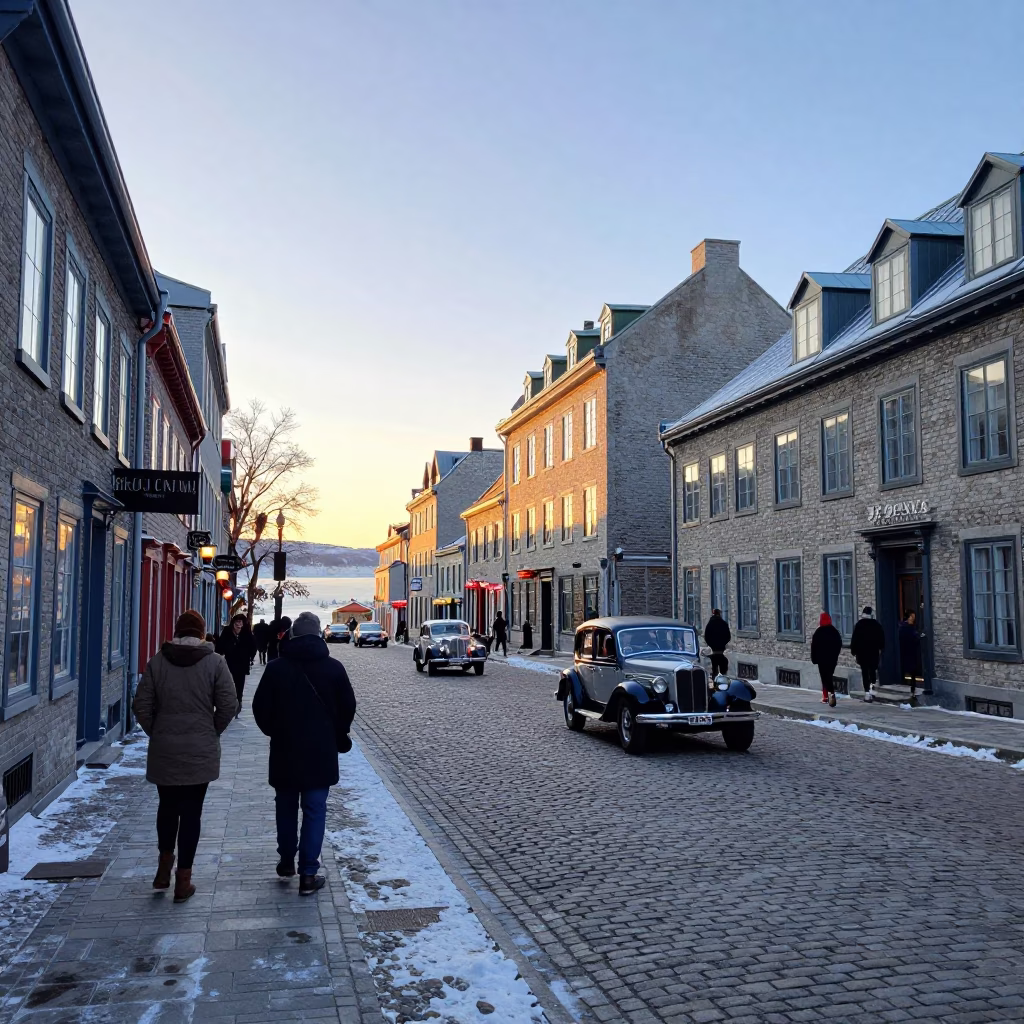 Quebec City Winter Street Scene Early Morning Light with Vintage Cars and Pedestrians in in Quebec City, Quebec, Canada