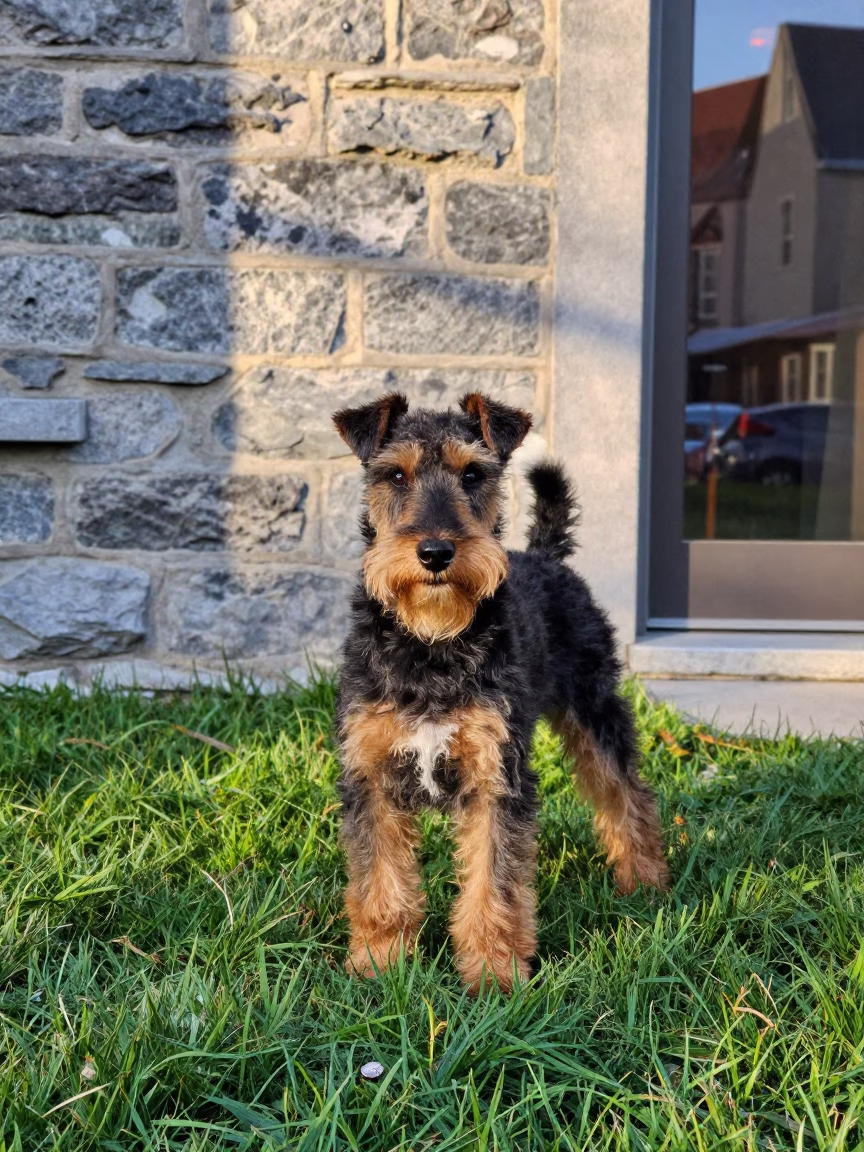 Quebec City Yard Portrait of Manchester Terrier in in a small yard with clipped grass, calm light, and the animal centered in frame in Quebec City