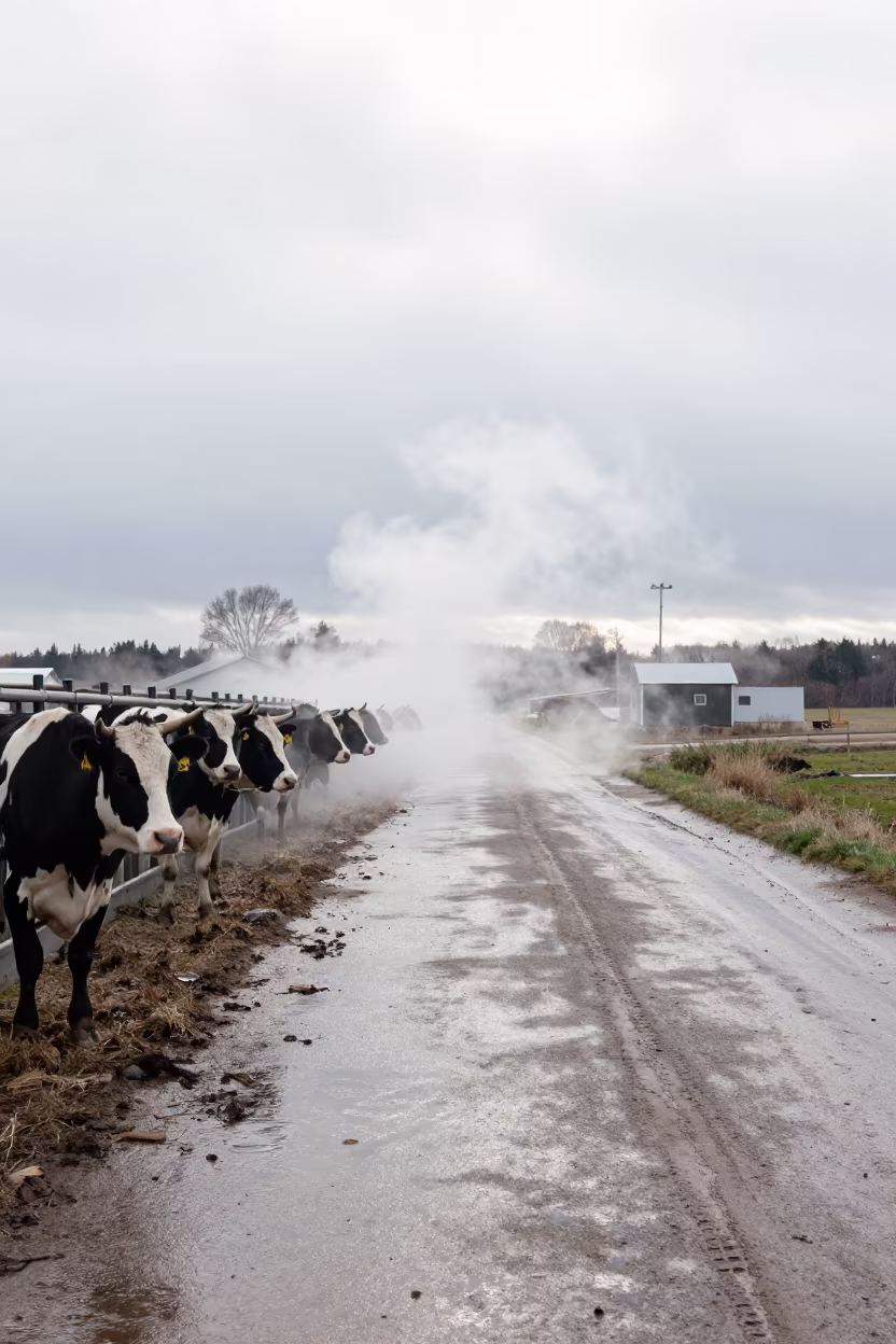 Quebec Feedlot Cattle Amidst Drifting Steam in along a feedlot lane in Quebec