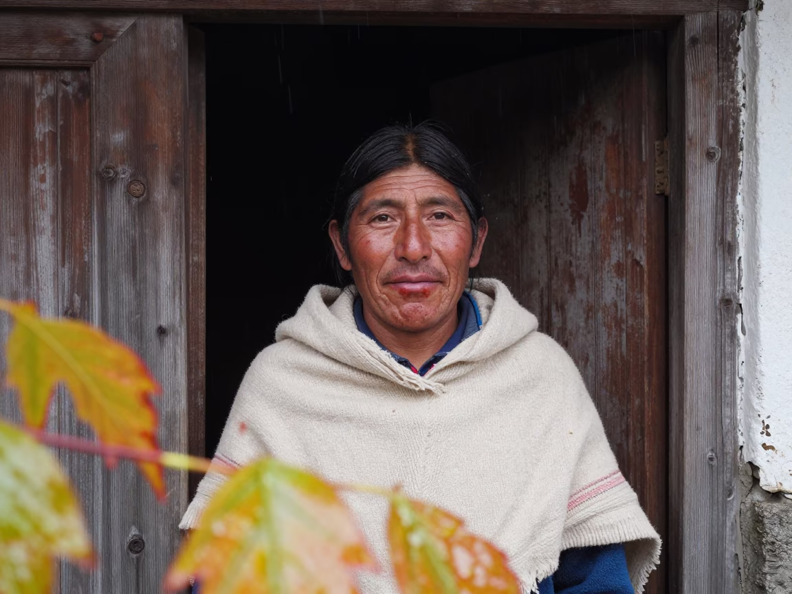 Quechua Farmer with Coca Teeth in Okinawa in against a weathered doorway near Okinawa