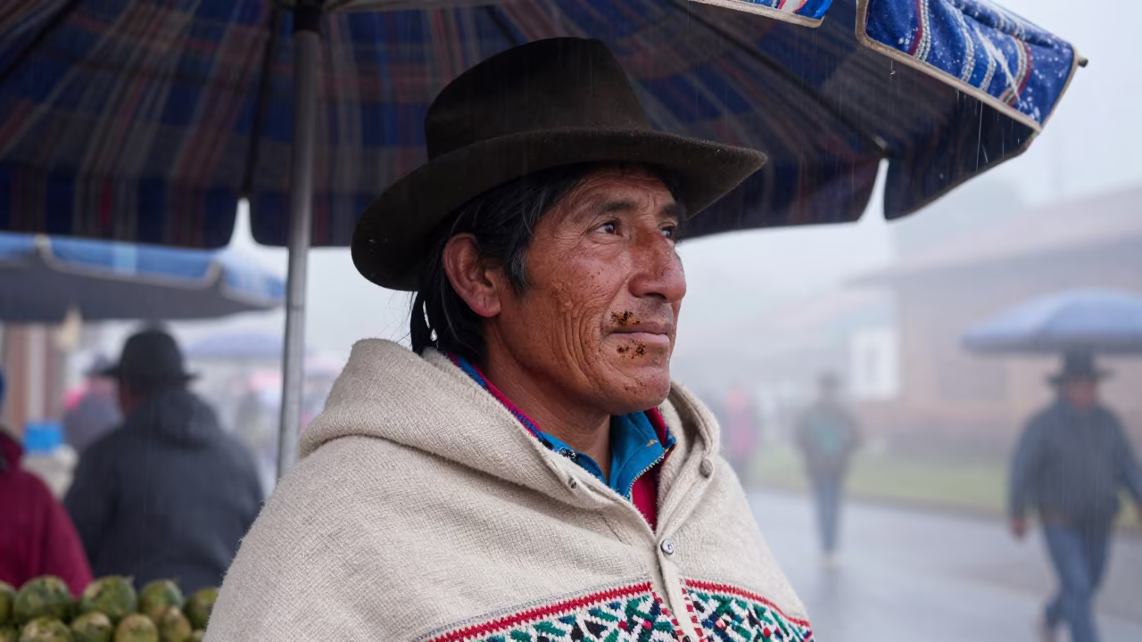 Quechua Farmer in Mist Under Awning in under a striped market awning near Ciudad Ojeda