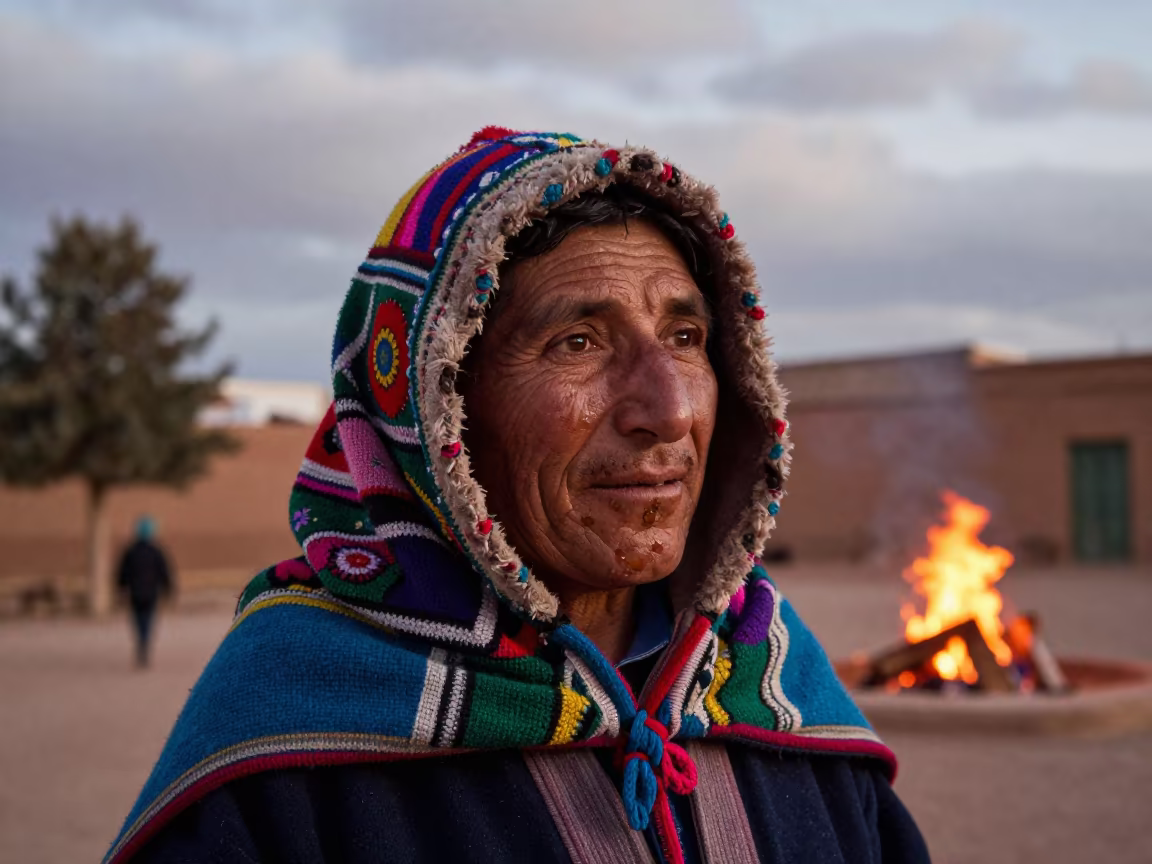 Quechua Farmer Portrait Berrechid Evening in at the edge of a village square near Berrechid