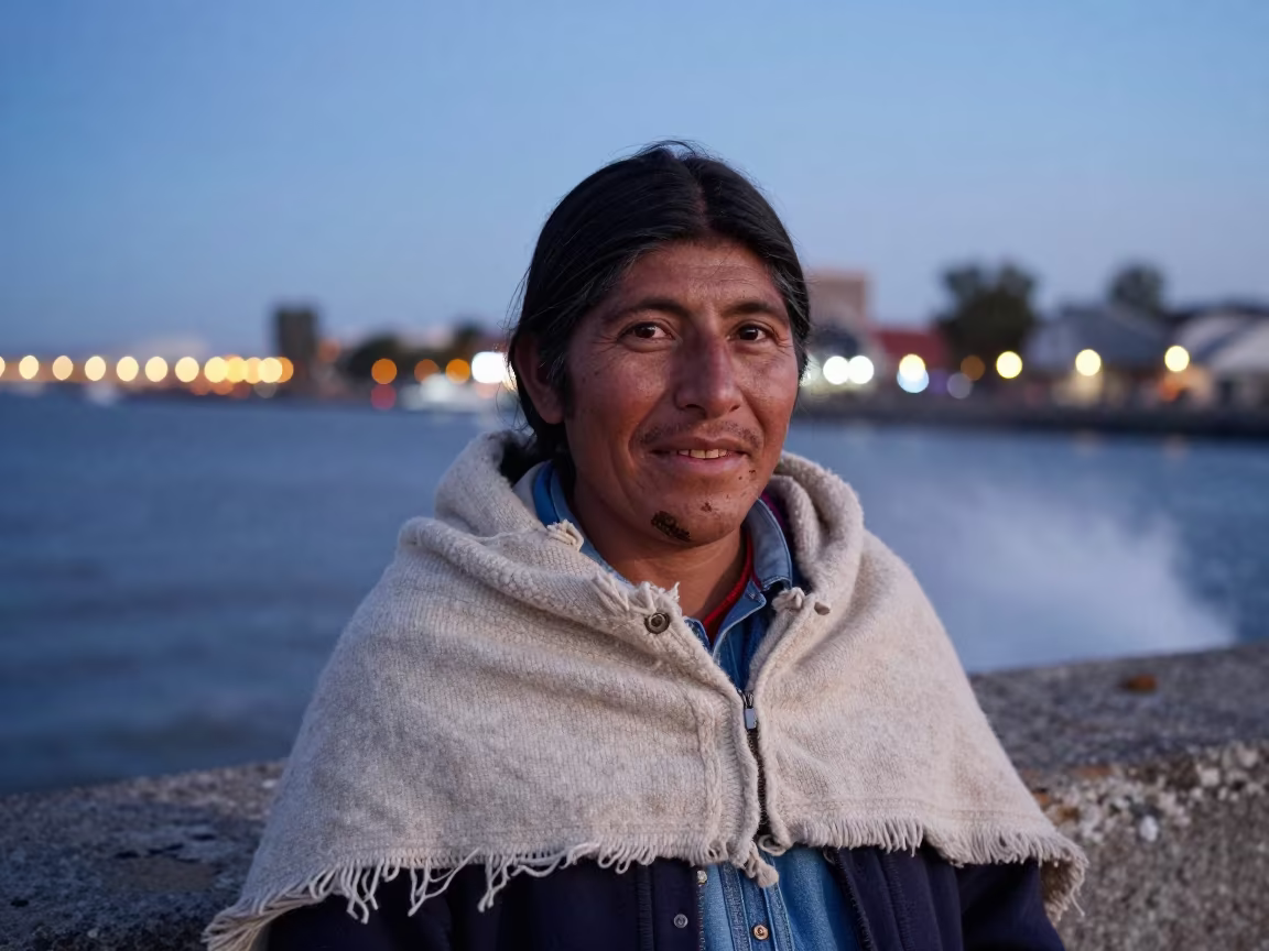 Quechua Farmer Portrait Near Des Moines Harbor in beside a harbor wall near Des Moines