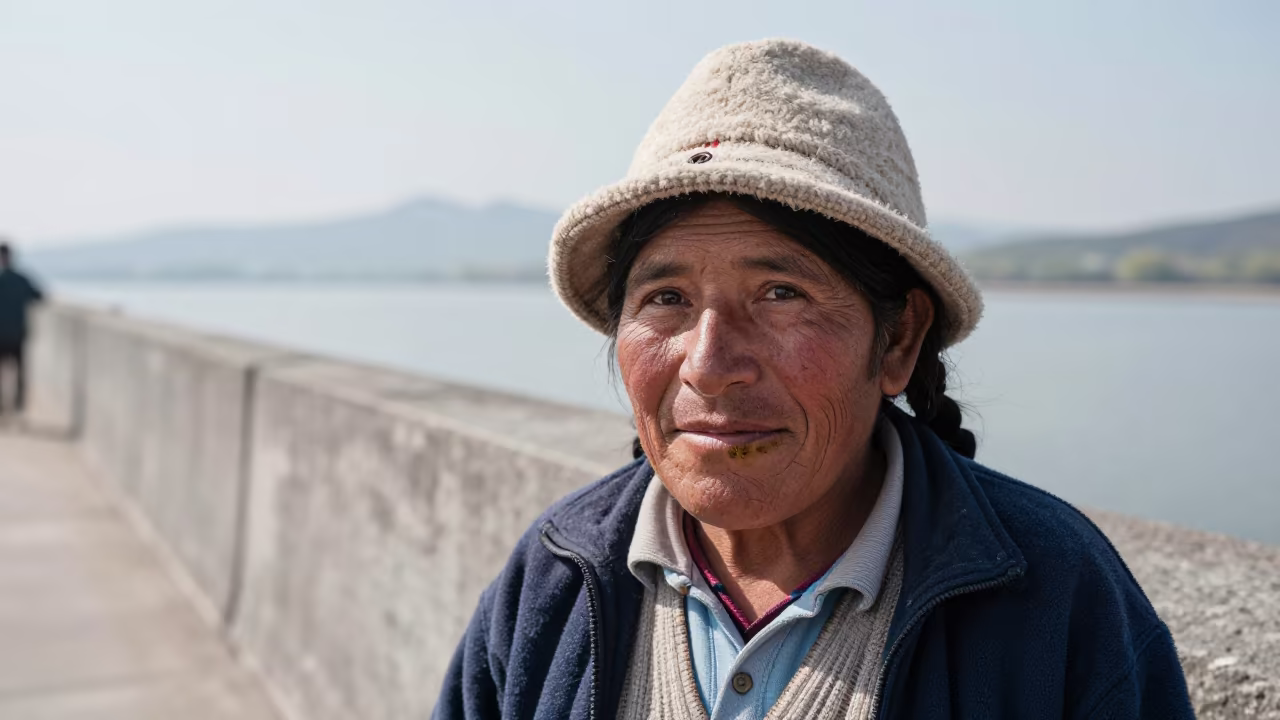 Quechua Farmer Portrait by Hangzhou Harbor in beside a harbor wall near Hangzhou