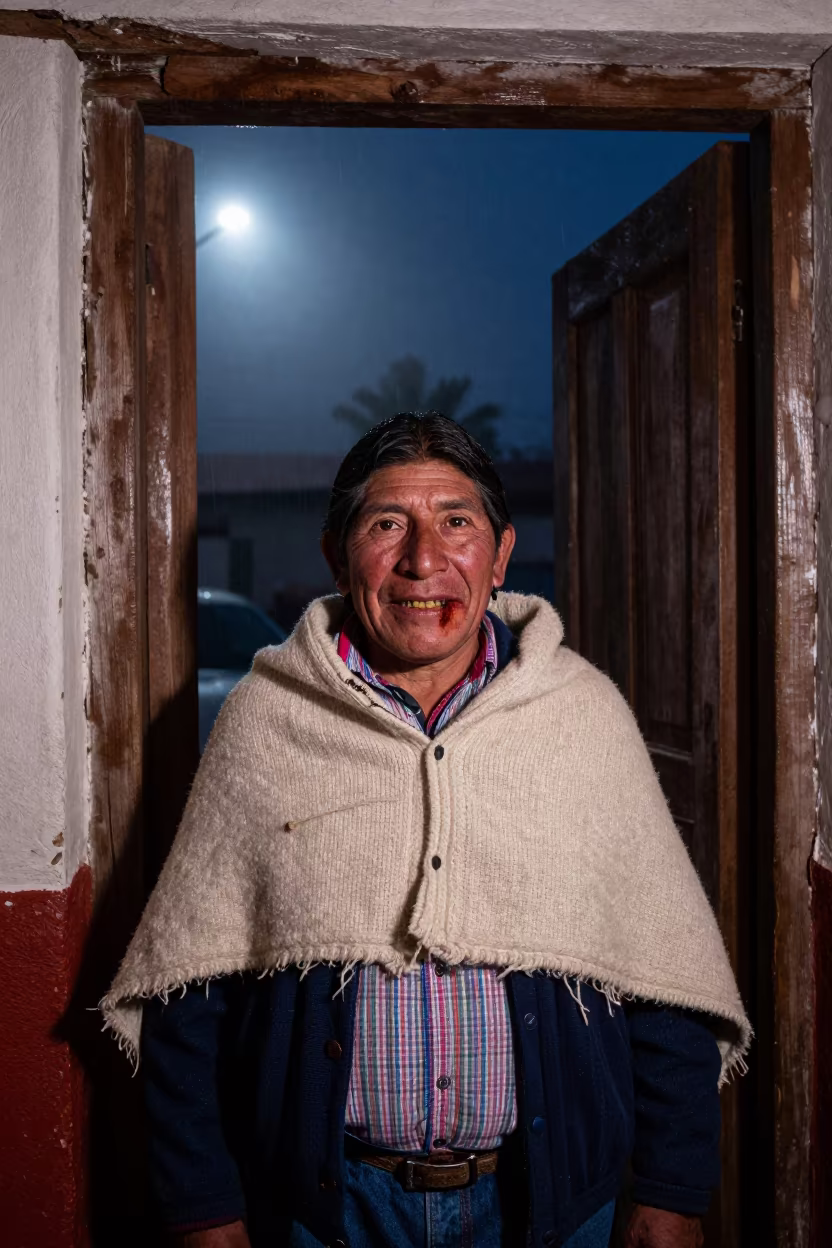 Quechua Farmer Portrait Late Night Tungsten Light in against a weathered doorway near Puerto Barrios