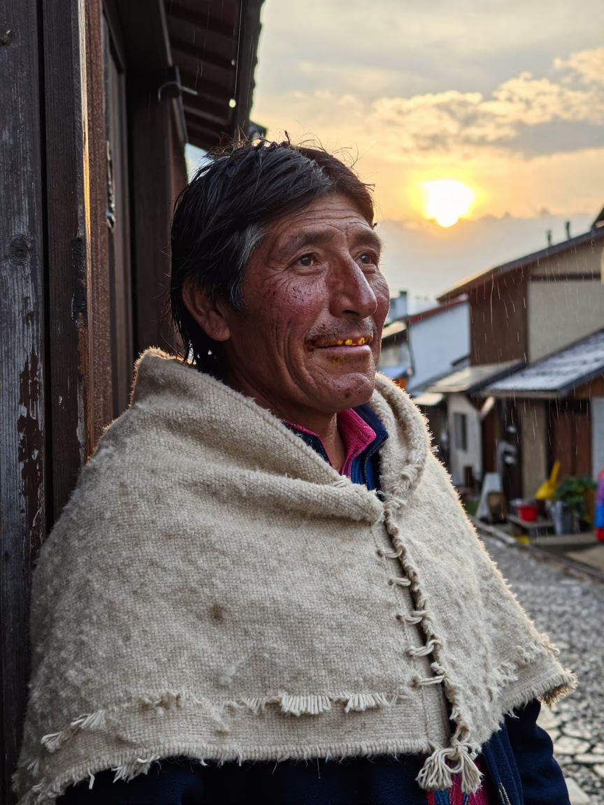 Quechua Farmer Sunset Portrait Shimokitazawa in against a weathered doorway near Shimokitazawa, Tokyo
