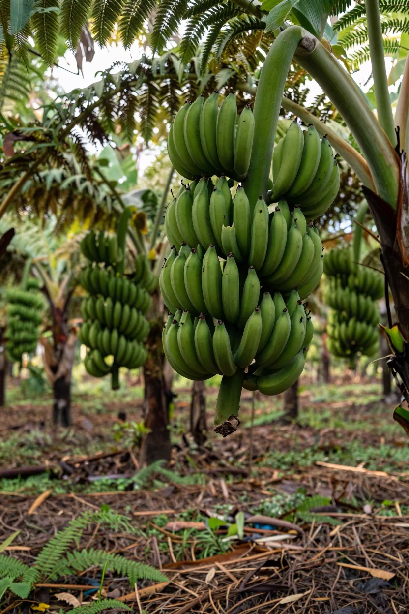 Queensland Banana Bunches in Late Afternoon Light in on a fern-lined forest floor in Queensland