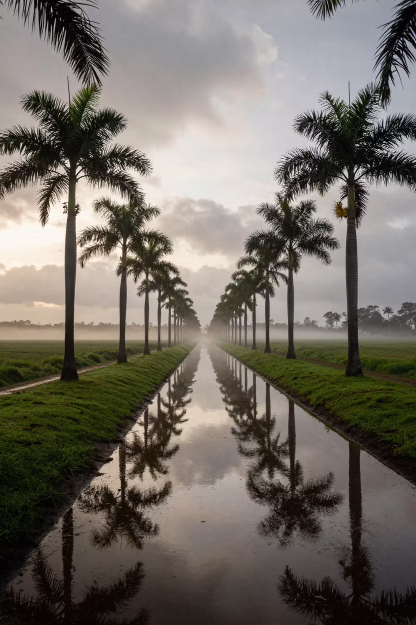 Queensland Canal Reflected Palms Misty Dawn Light in in Queensland