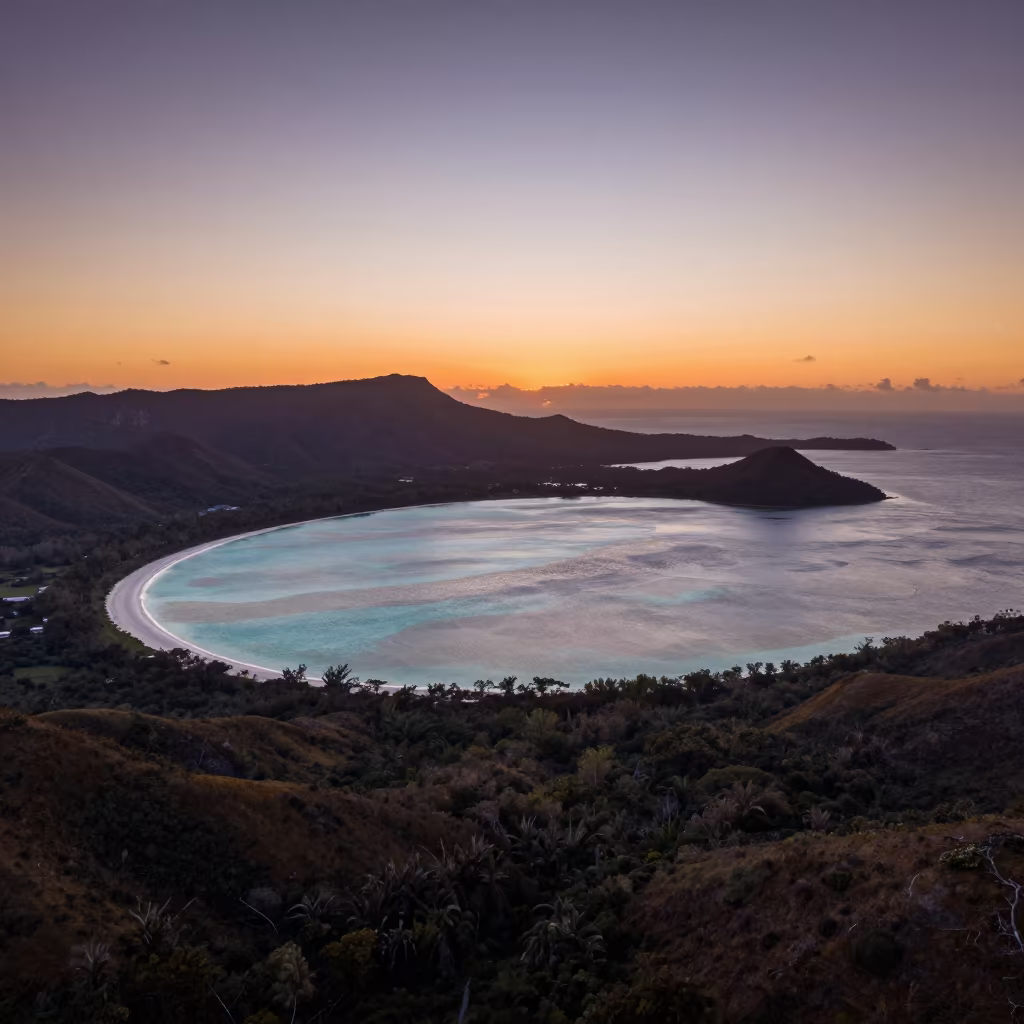 Queensland Coral Atoll Sunset Silhouette Panorama in from a ridge above layered foothills in Queensland