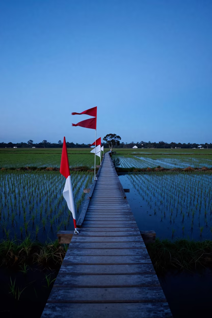 Queensland Rice Paddy Bridge at Twilight in along freshly irrigated rows in Queensland