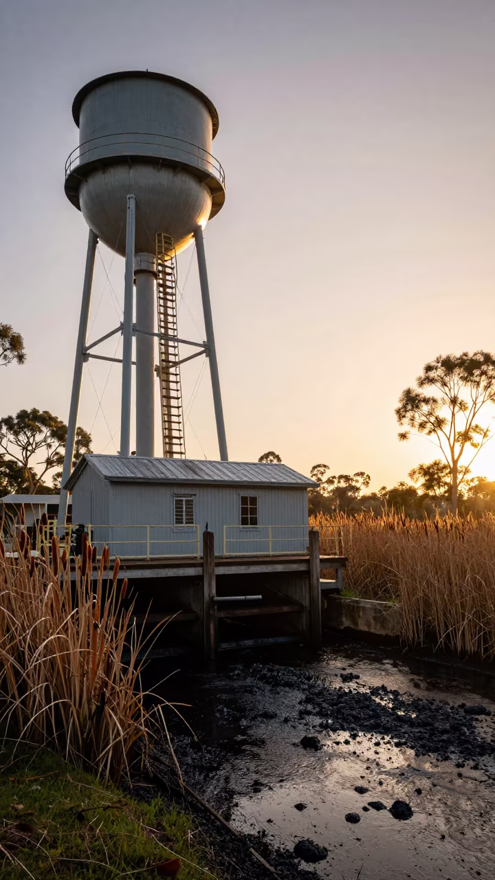 Queensland Sluice Gate Winch House Wet Season in beside a water tower ladder in Queensland