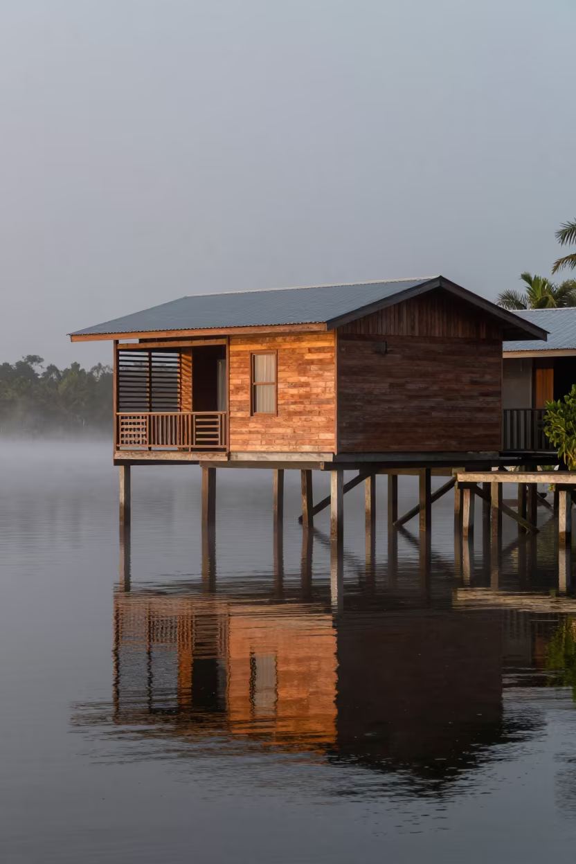 Queensland Stilt House Lagoon Copper Dusk Fog in in Queensland