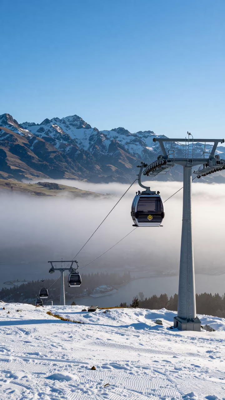 Queenstown Gondola Morning Mist Snow in beside a lift tower above corduroy snow near Queenstown