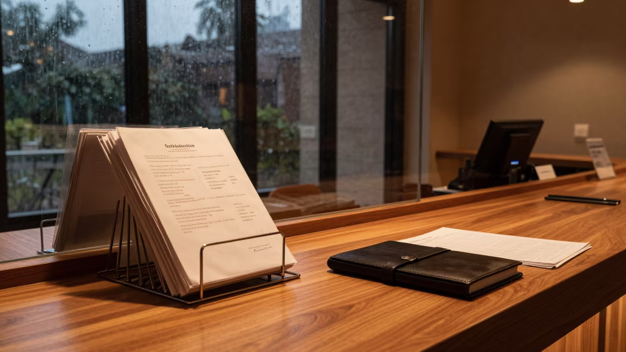 Quetta Hotel Reception Desk with Fee Folio Rack in at a reception desk under warm light near Quetta