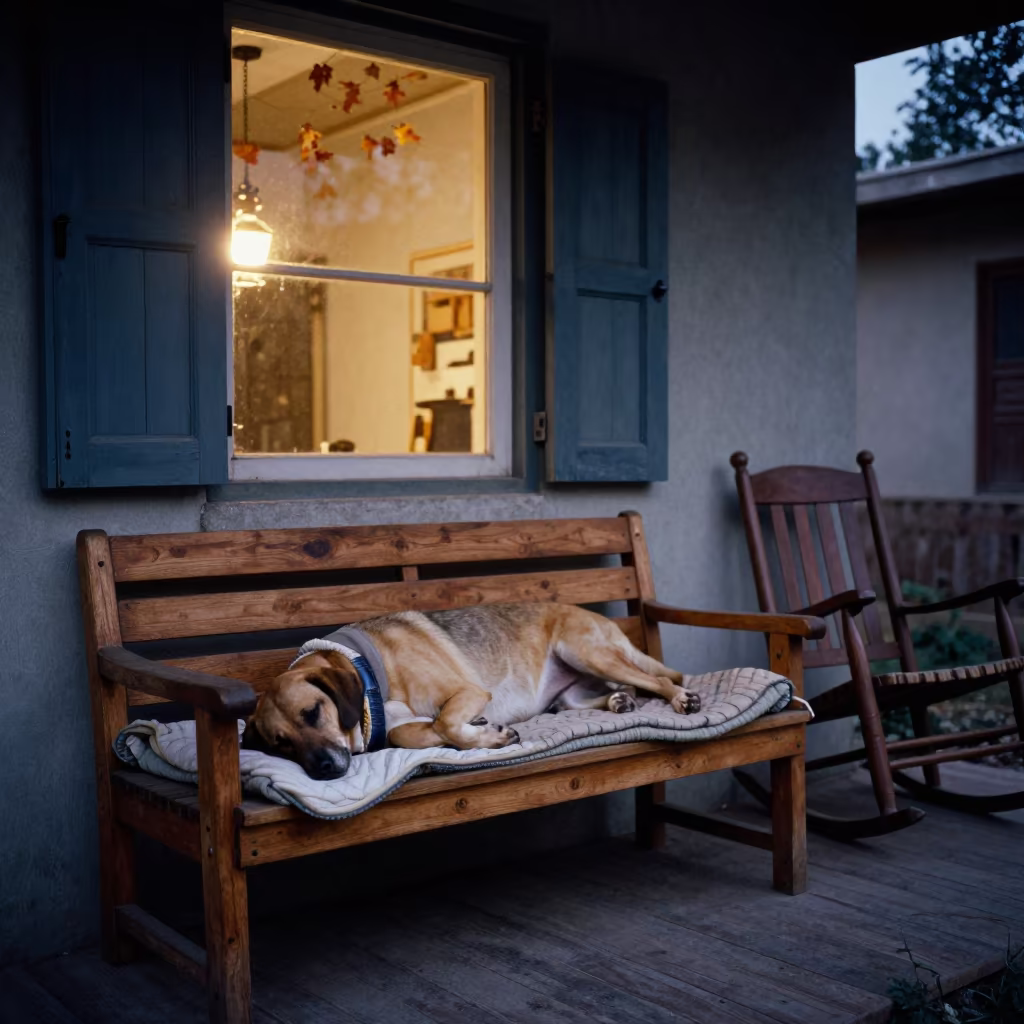 Quetta Porch Bench Quilt and Sleeping Hound in on a porch with a rocking chair in Quetta