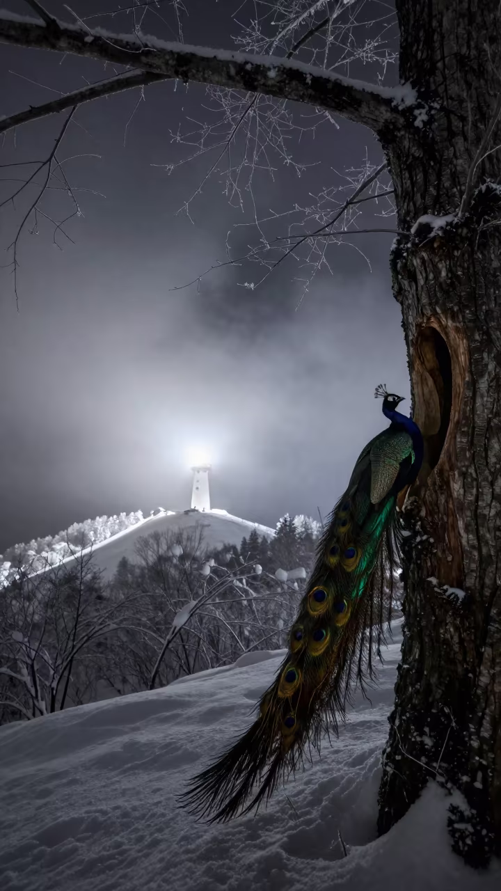 Quetzal Feathers in Hokkaido Winter Night in from a ridge above layered foothills in Hokkaido