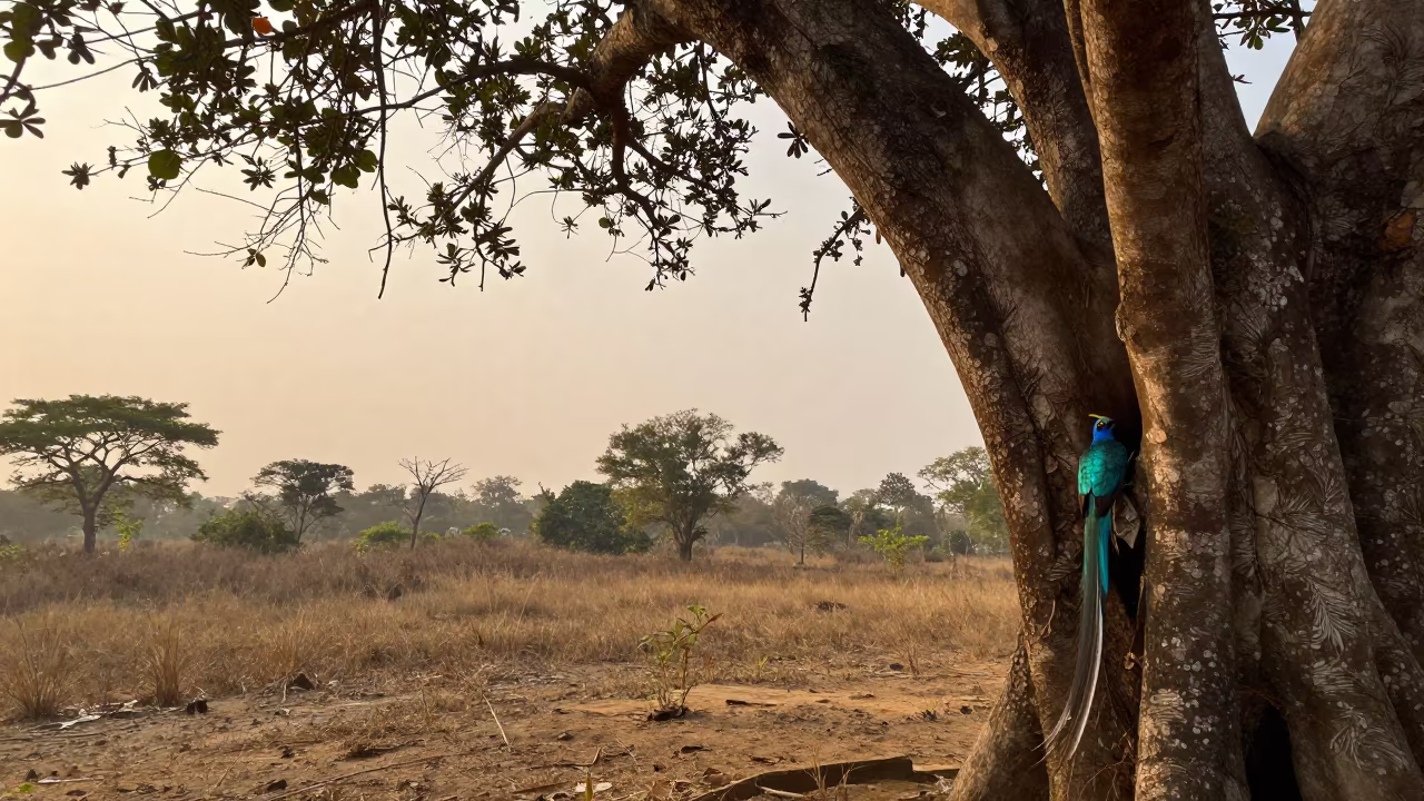 Quetzal Tail Feathers Cloud Forest Hole in across a floodplain after rain near Abeokuta