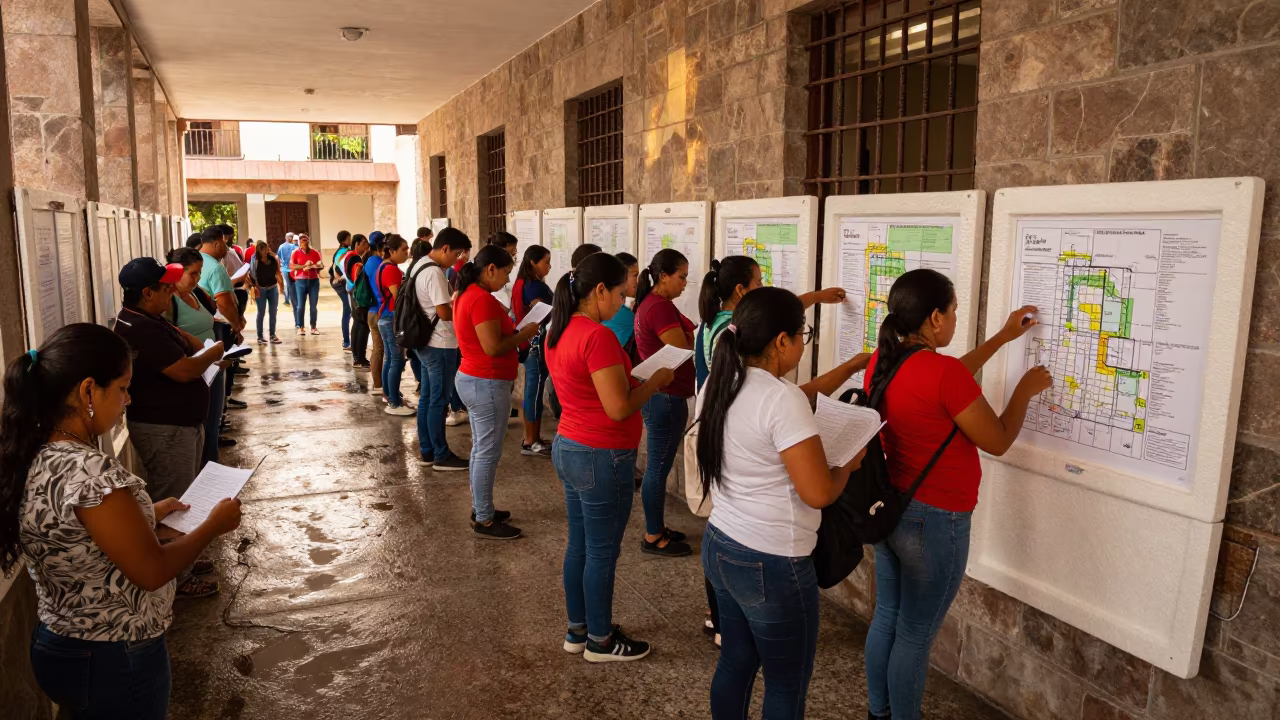 Quetzaltenango Zoning Hearing Crowd in Courtyard in in a courthouse corridor in Quetzaltenango