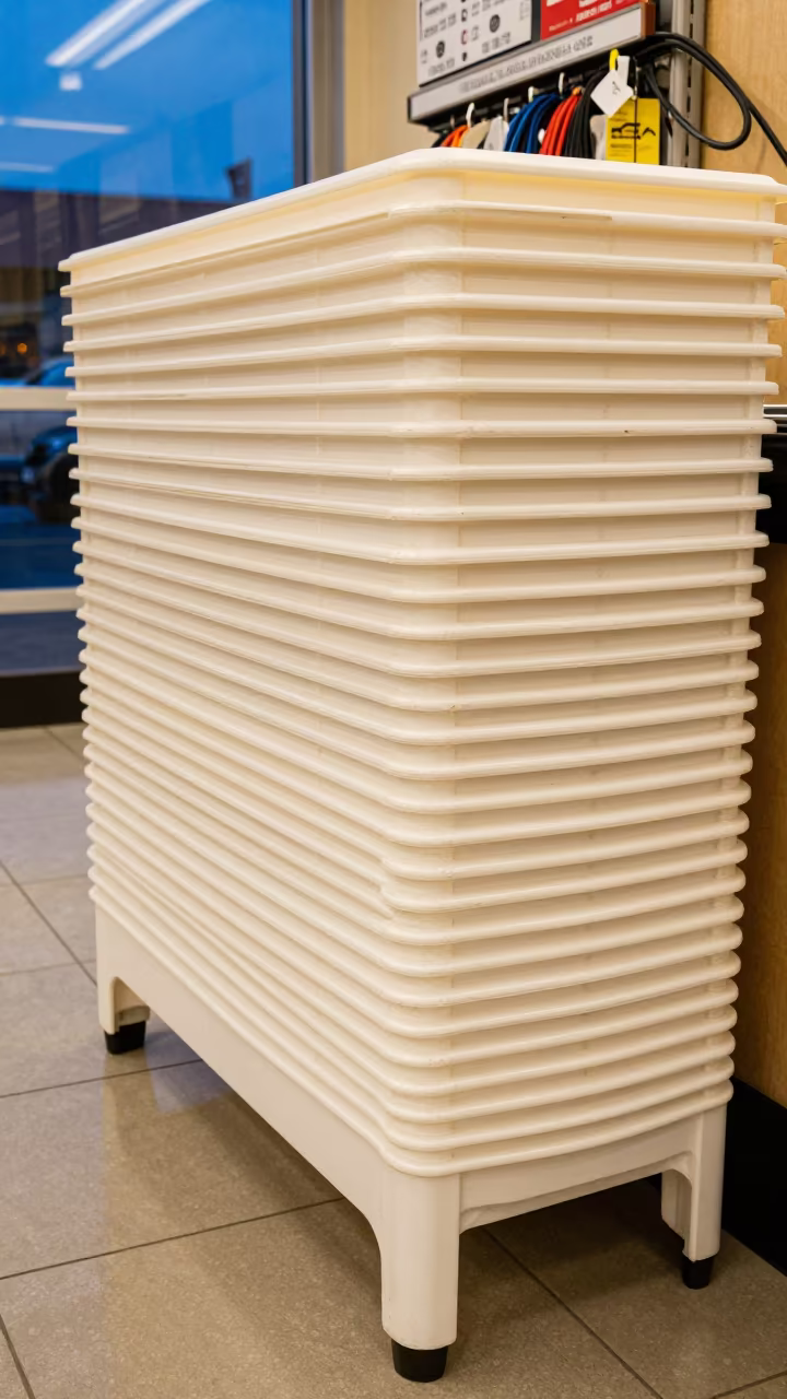 Queue Barrier Stack in Santa Cruz Retail Store in at a checkout lane under flat store light in Santa Cruz de la Sierra