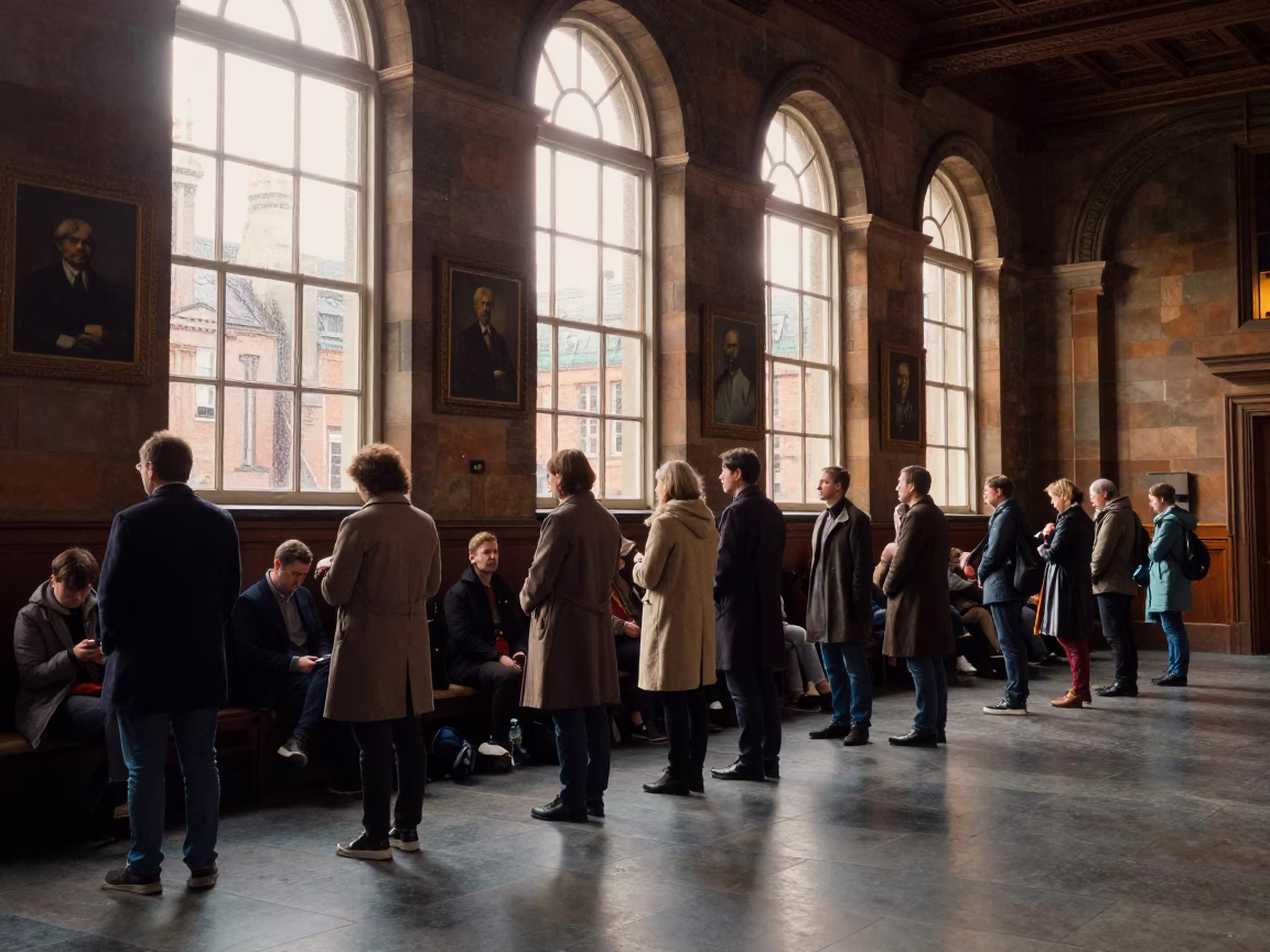 Queue Beneath Portrait Wall in Glasgow Chamber in inside a council chamber near Glasgow