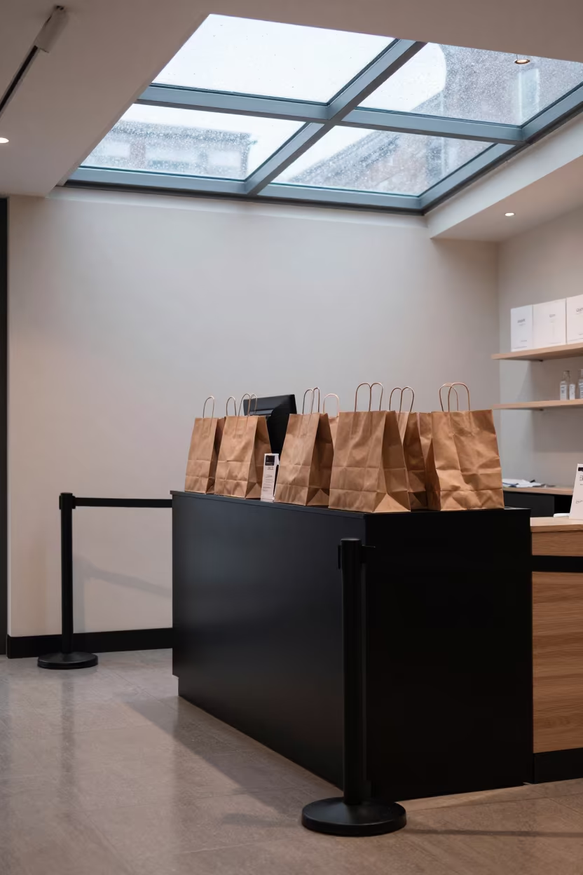 Queue Stanchion Bin at Cash Wrap in Hull Store in at a cash wrap counter with bags stacked nearby in Kingston upon Hull
