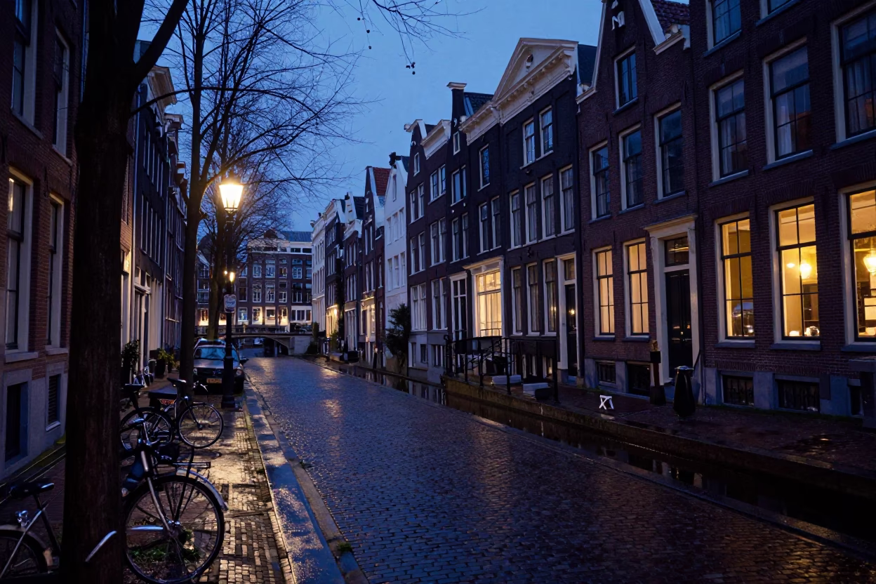 Quiet Amsterdam Canal Street Before Dawn with Wet Cobblestones and Brick Architecture in in Amsterdam, Netherlands