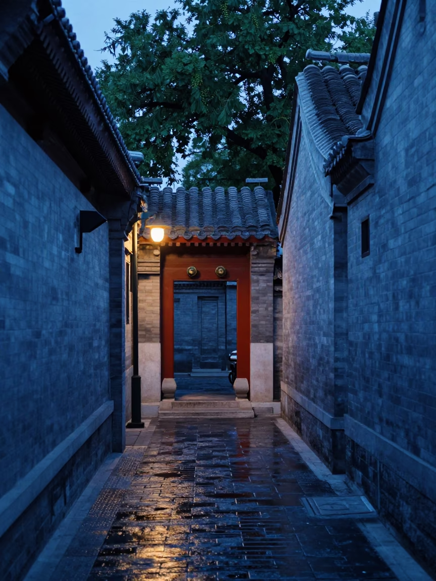 Quiet Beijing Alley Before Dawn with String of Pearls and Ceramic Jar in in Beijing, China