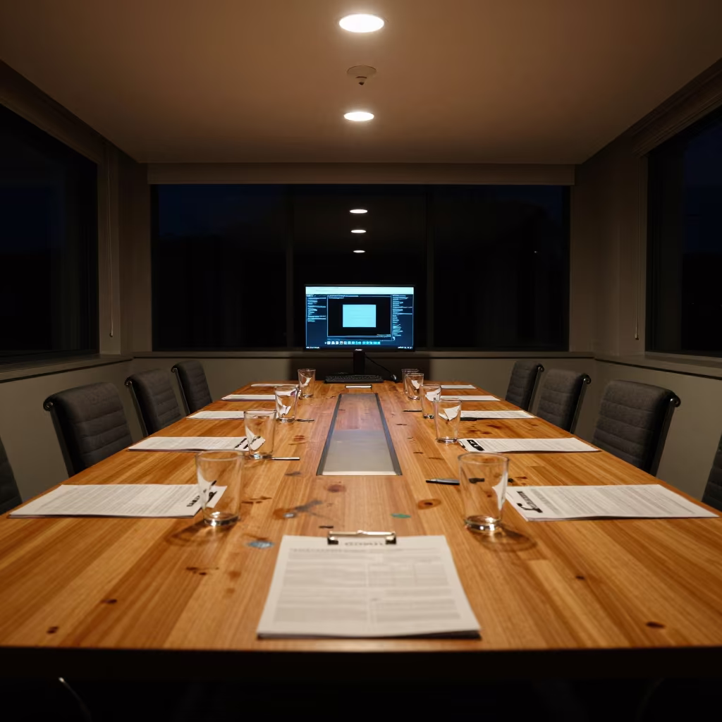Quiet Boardroom Table With Stains and Handouts in at a boardroom table before a meeting in Newcastle