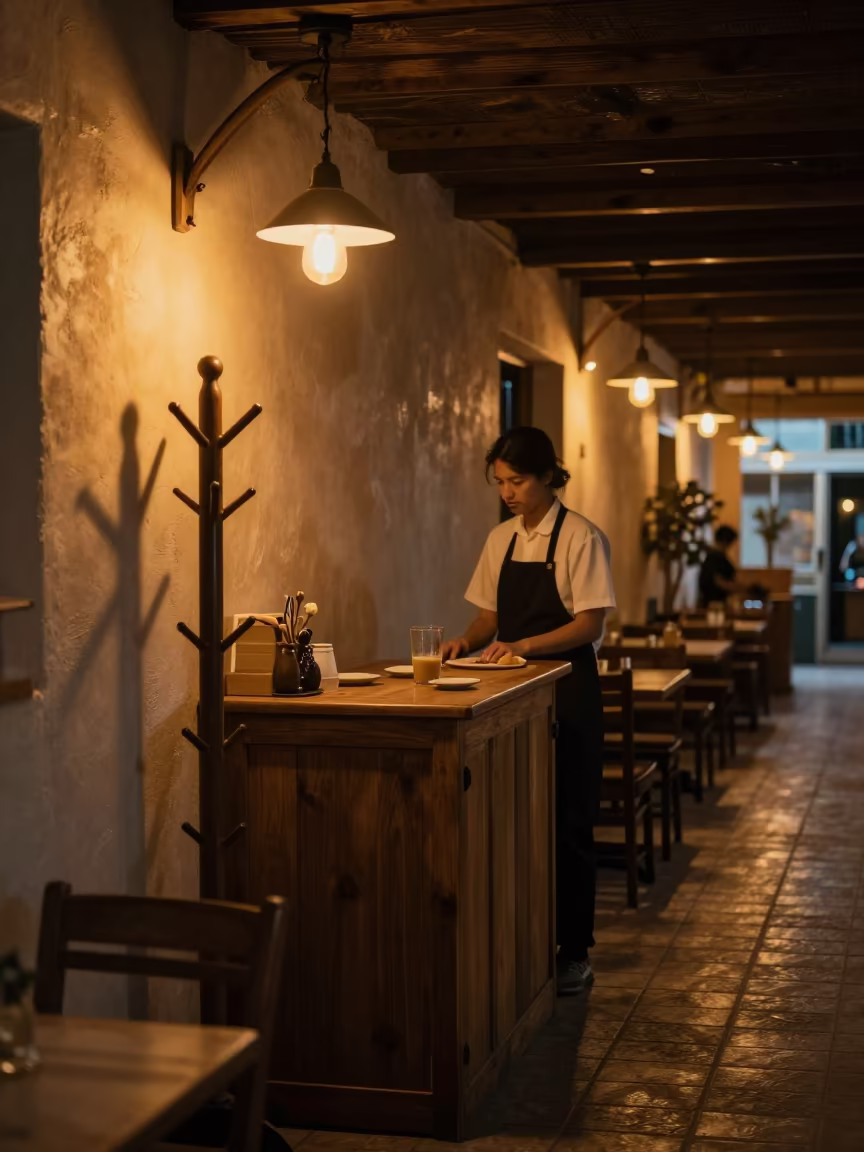 Quiet Breakfast Counter Before Dawn Near Ashkelon in inside a breakfast room before opening near Ashkelon