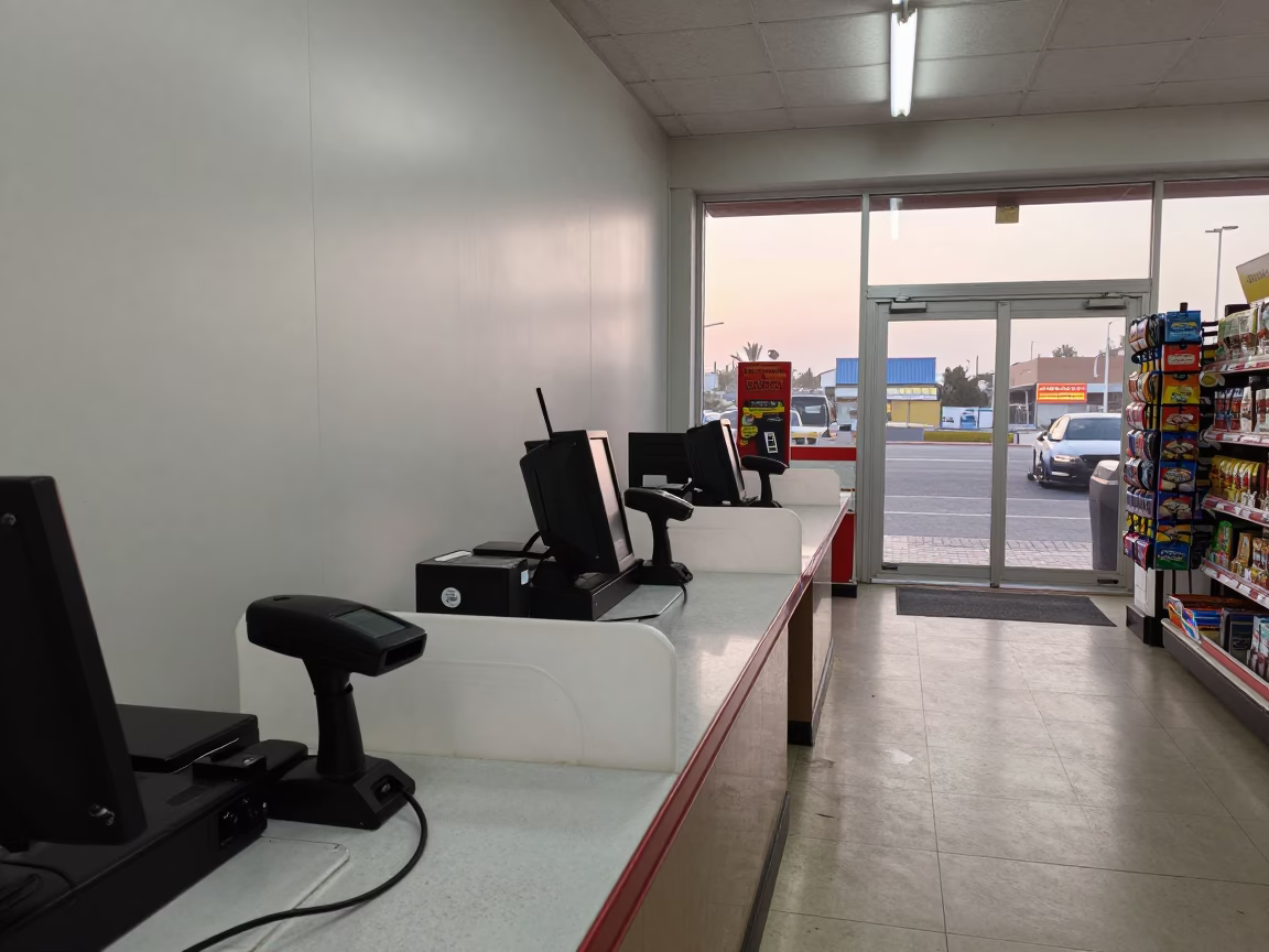 Quiet Checkout Lane Before Sunrise in Petah Tikva in inside a late-night convenience checkout near Petah Tikva