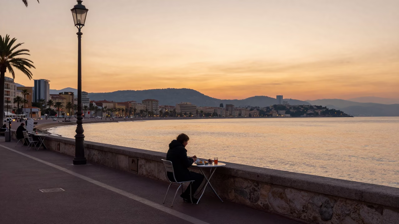 Quiet Dawn in Nice France Before Sunrise With Local Breakfast Scene in in Nice, France