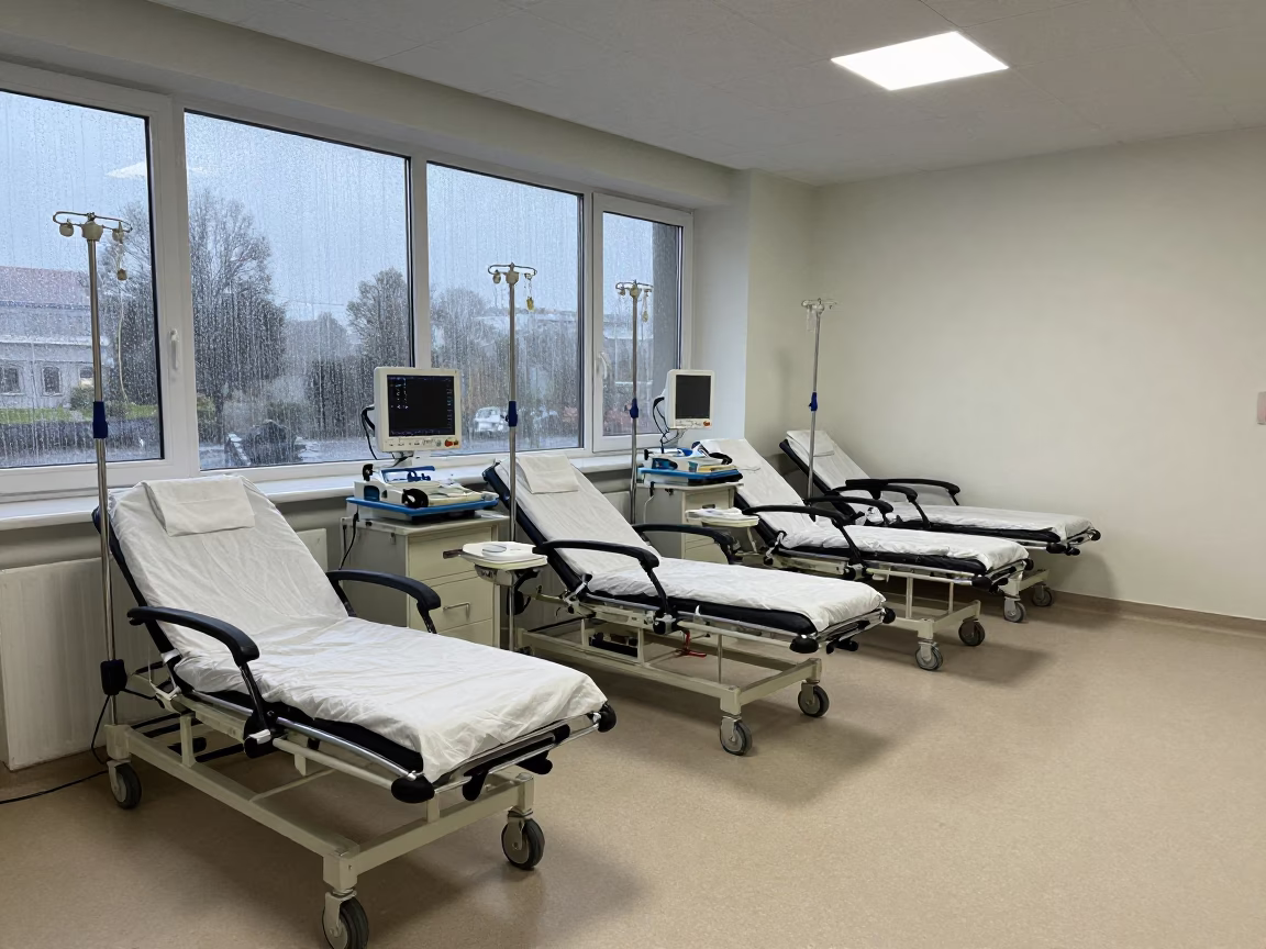 Quiet Dialysis Ward with Saline Poles in Krakow in at a nurse station under monitor glow in Nowa Huta, Krakow