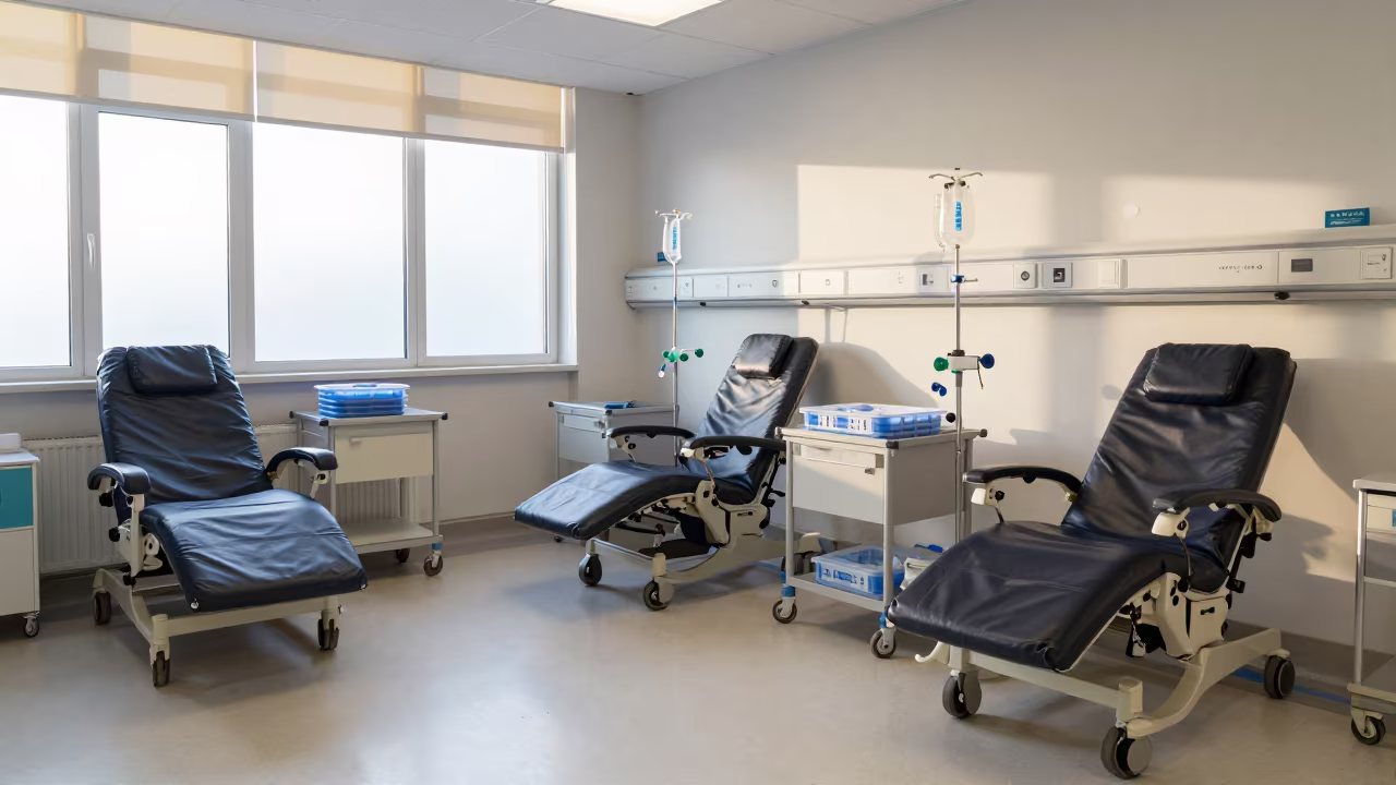 Quiet Dialysis Ward Turnover Morning Light in inside a clinic exam room near Sheffield