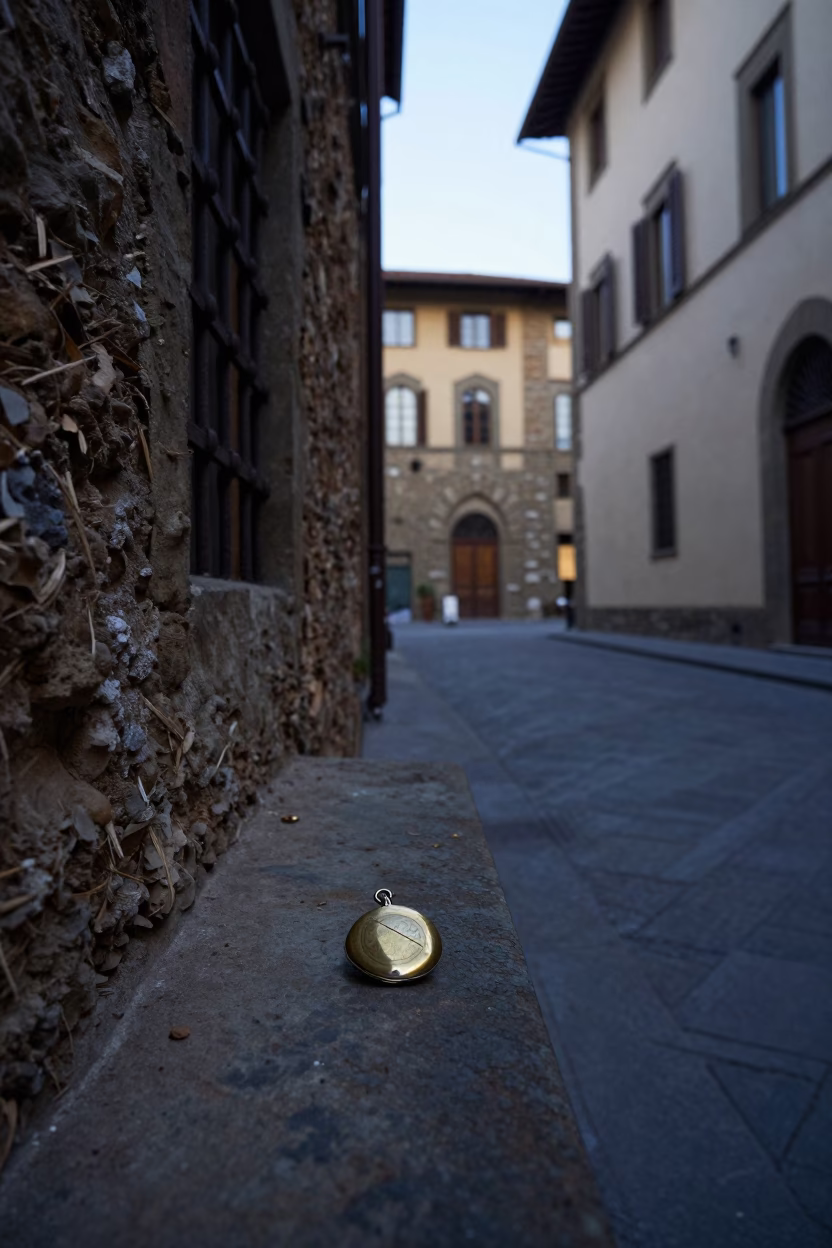 Quiet Florentine Street Before Dawn with Vintage Locket and Needle Case in in Florence, Italy