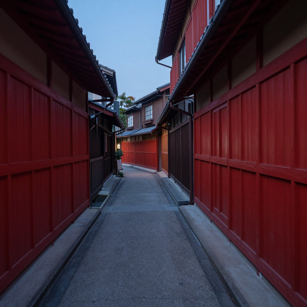 Quiet Fukuoka Alley Before Dawn with Red Lacquered Wood and Iron Deadbolt in in Fukuoka, Japan