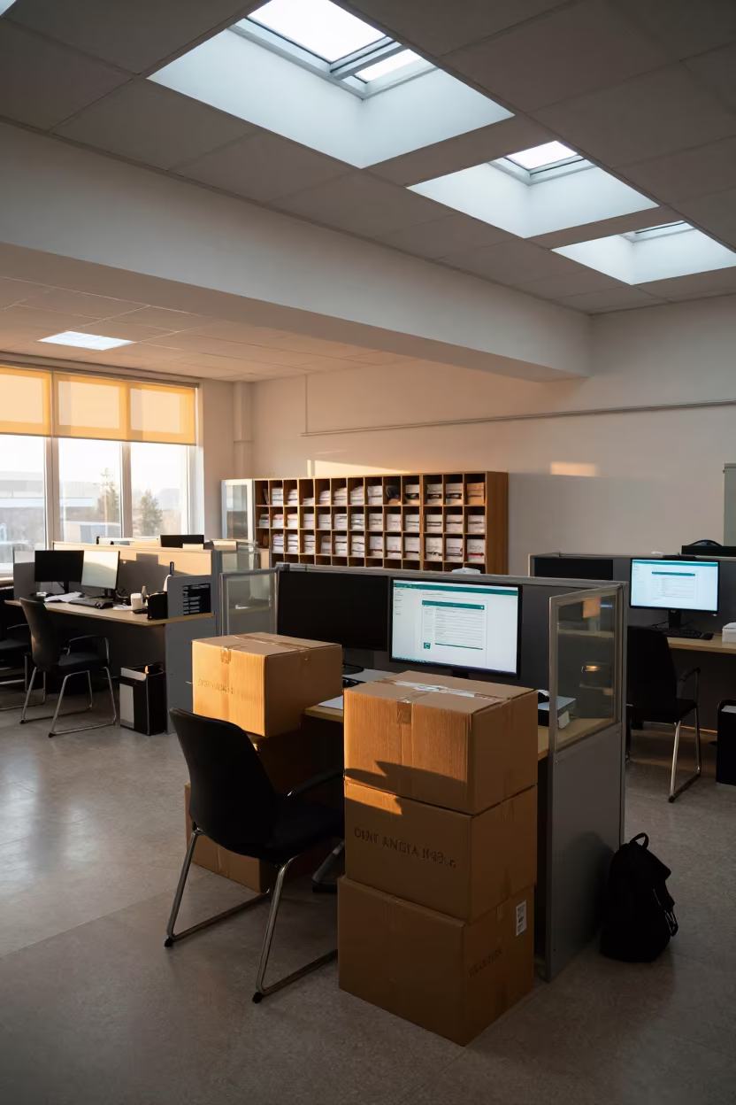 Quiet Mailroom Parcel Station Before Afternoon Rush in in an operations center under monitor glow near Ortahisar