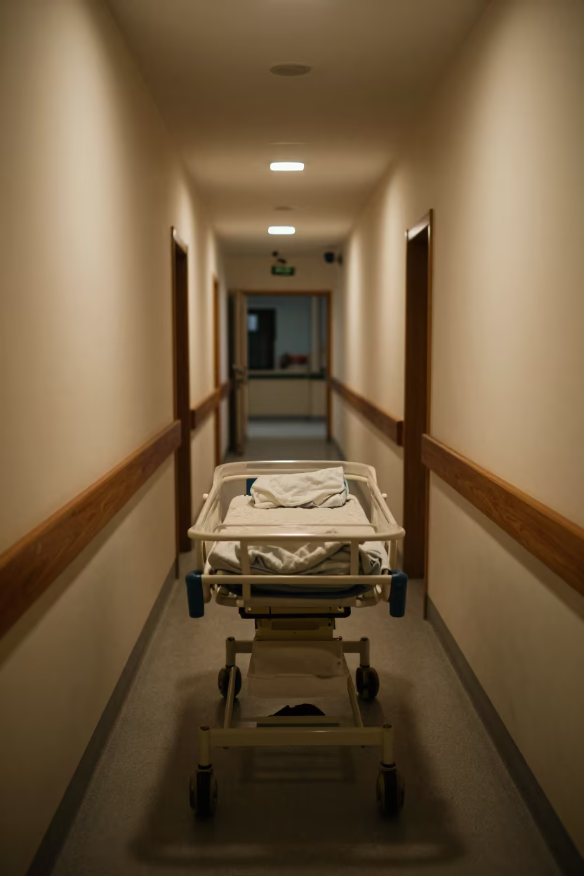 Quiet Maternity Ward Bassinet in Pokhara Night in inside a hospital corridor in Pokhara