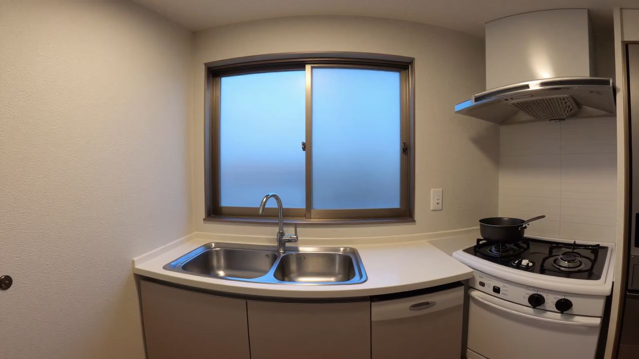 Quiet Morning Routine in Fukuoka Apartment Kitchen with Iron Deadbolt and Cooking Pot in in Fukuoka, Japan