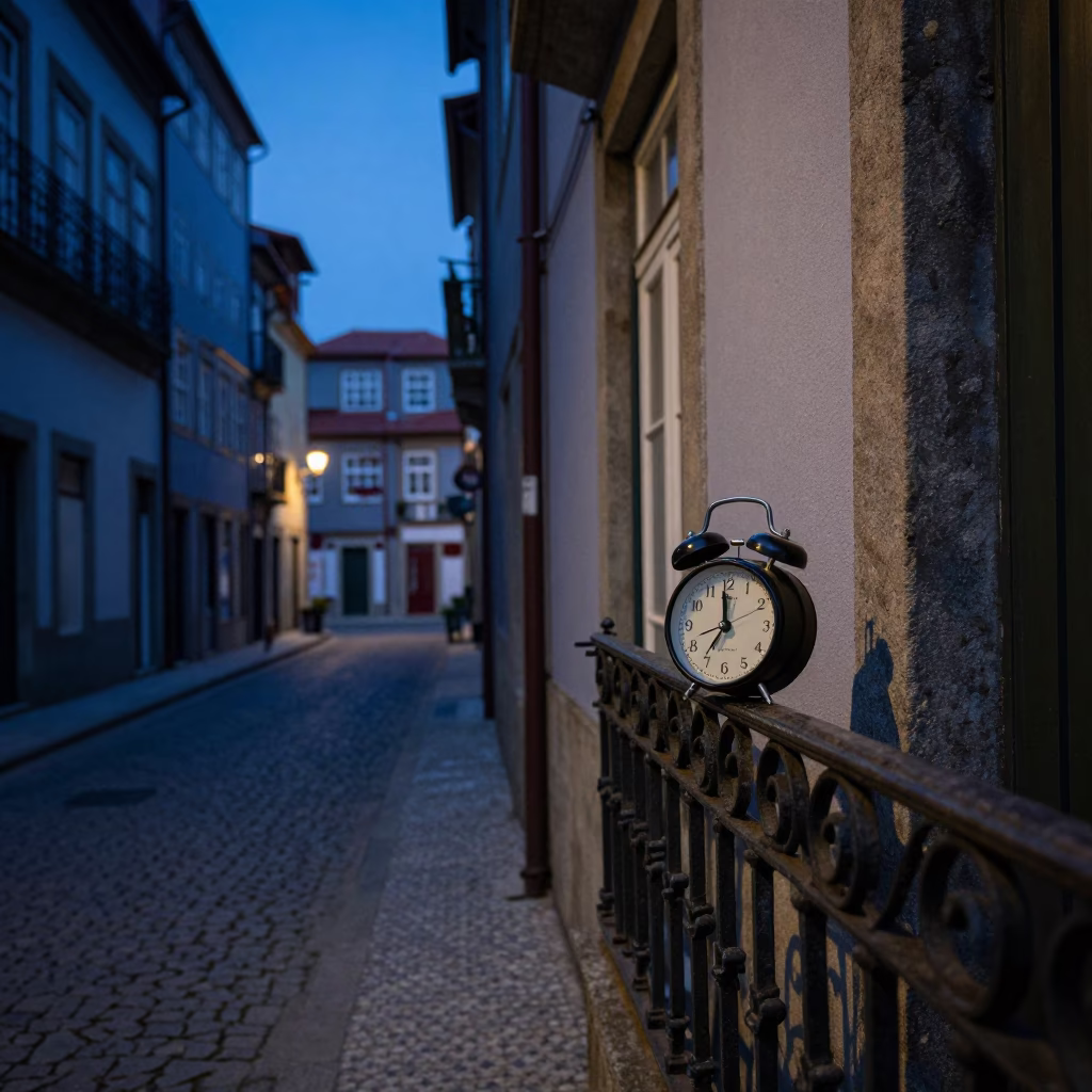Quiet Morning Street in Porto Portugal Before Dawn with Vintage Alarm Clock in in Porto, Portugal
