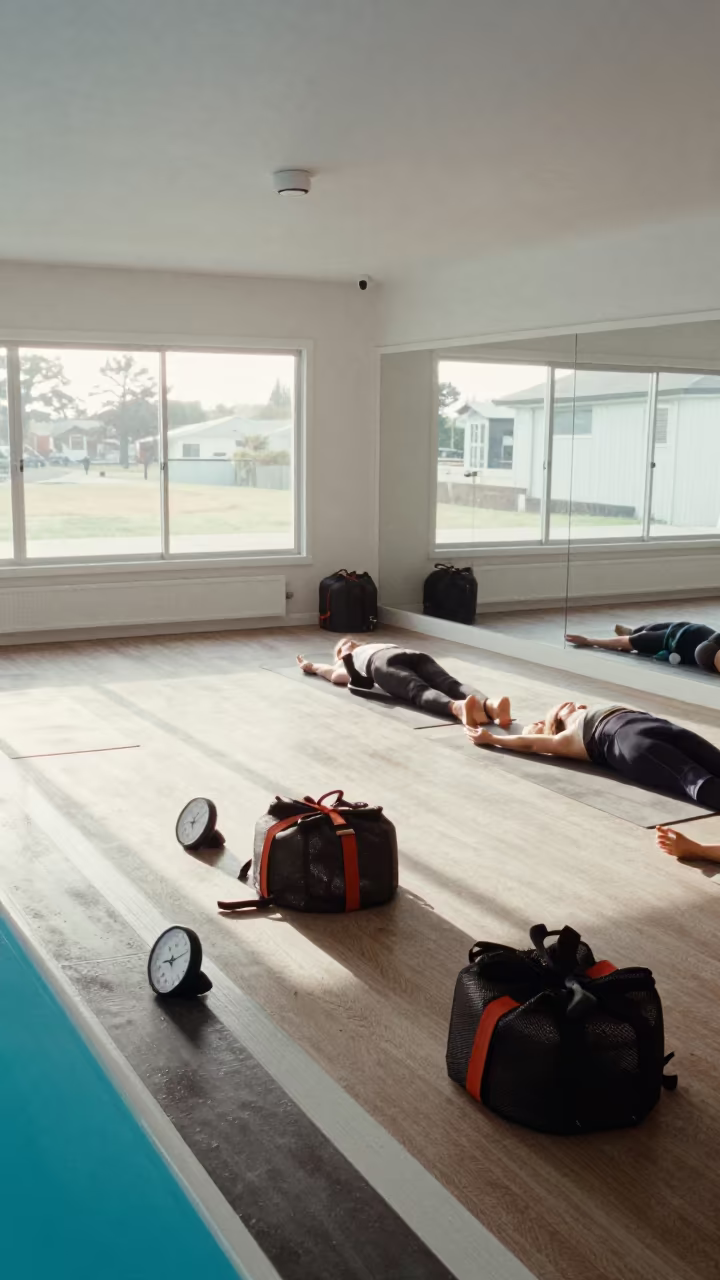 Quiet Pool Deck Timing Station Before Class in inside a yoga studio before the session begins in Blantyre